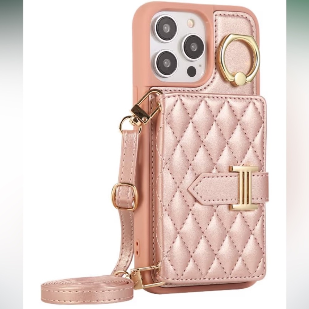 iPhone 15 case: Quilted Leather Rosegold with crossbody strap -